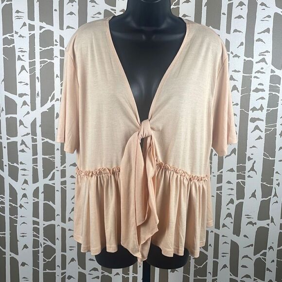Tie Front Ruffled Front Hem Tee 2XL Peach - Picture 1 of 6